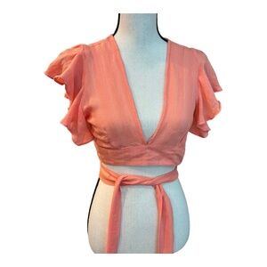 Hot & Delicious Womens Crop Top Pink Wrap Tie Short Flutter Sleeve V-neck S New